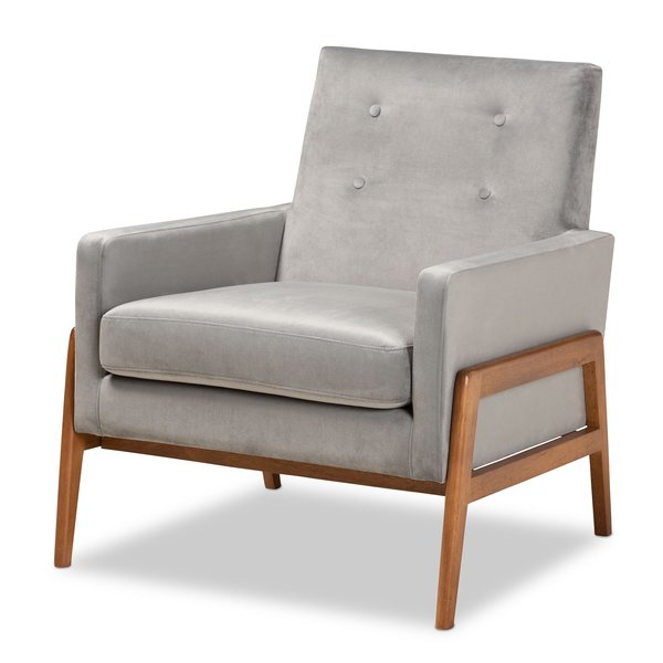 Baxton Studio Perris Mid-Century Modern Grey Velvet Fabric and Walnut Brown Finished Wood Lounge Chair 175-10867-Zoro